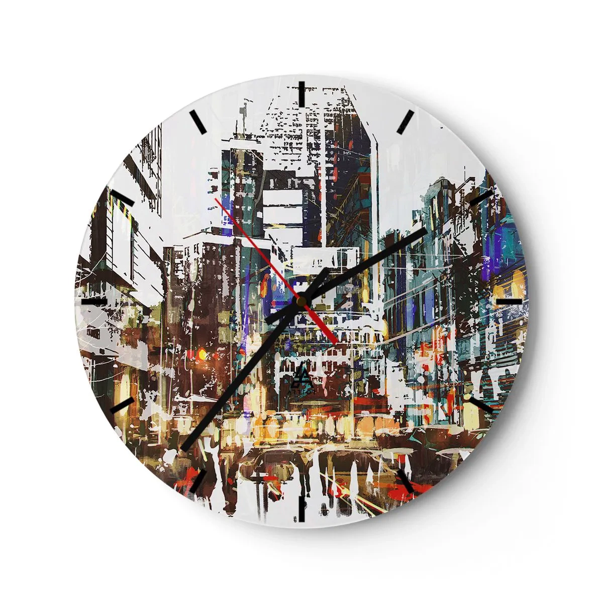 Wanduhr - Glasuhr - Abstraktes Stadtpanorama in intensiven Farben - 30x30cm - Eine schillernde Stadt - Moderne Wanddekoration für Wohnzimmer, Küche und Schlafzimmer ARTTOR