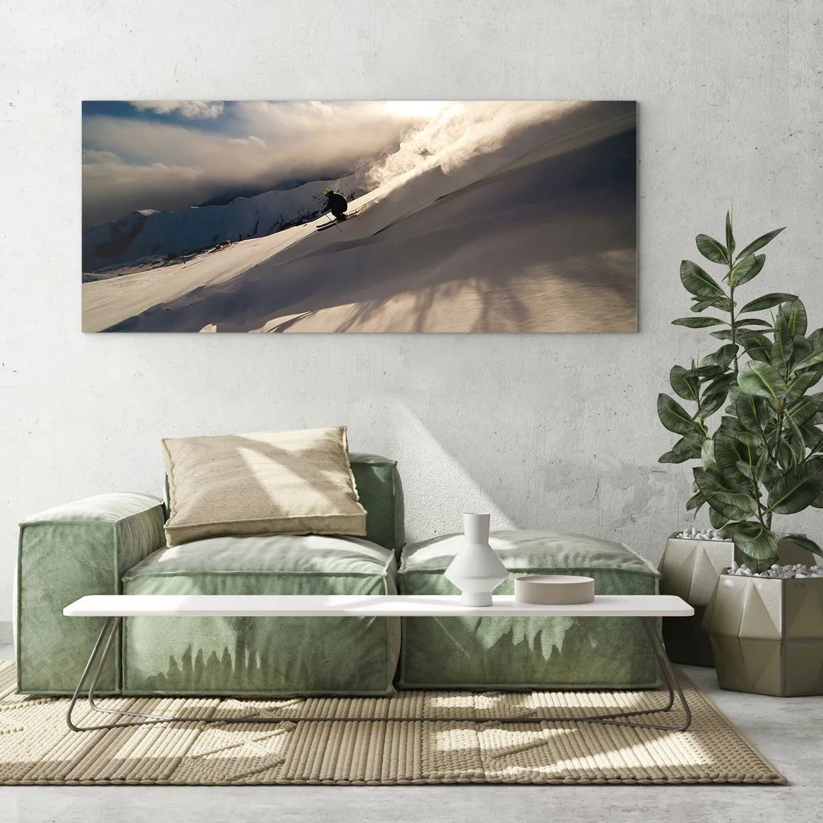 Glasbild - Bild auf glas - Ein Skifahrer auf einer Piste, umgeben von Bergen und Schnee - 160x50cm - Bergherausforderung angenommen - Moderne Wanddekoration für Wohnzimmer und Schlafzimmer ARTTOR