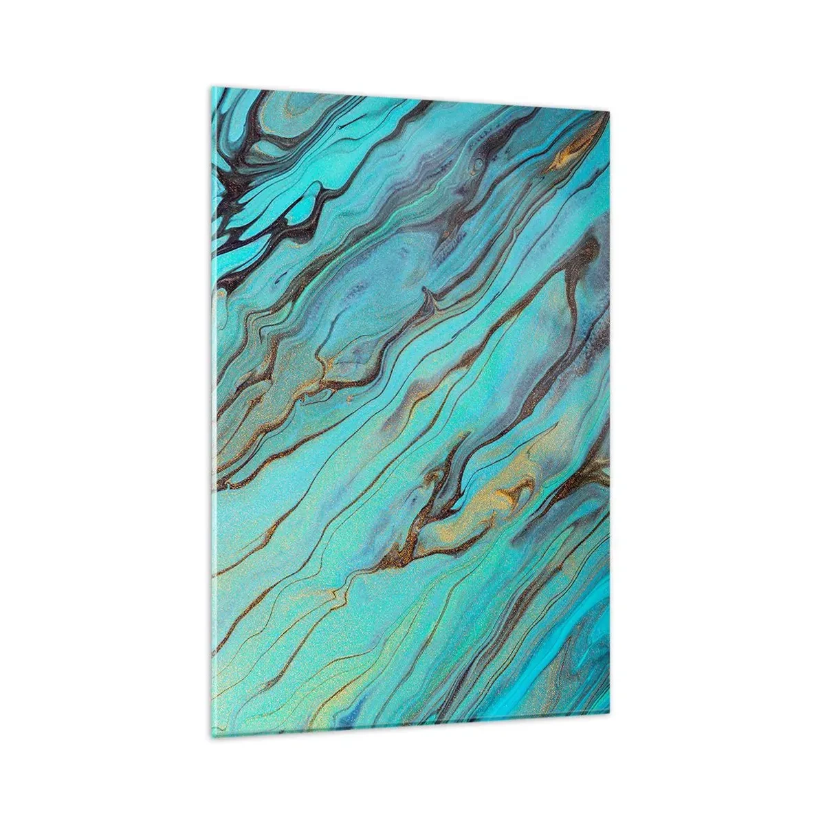 Glasbild - Bild auf glas - Abstrakte Wellen in Türkis- und Goldtönen - 80x120cm - Türkisfarbene Flut - Moderne Wanddekoration für Wohnzimmer und Schlafzimmer ARTTOR