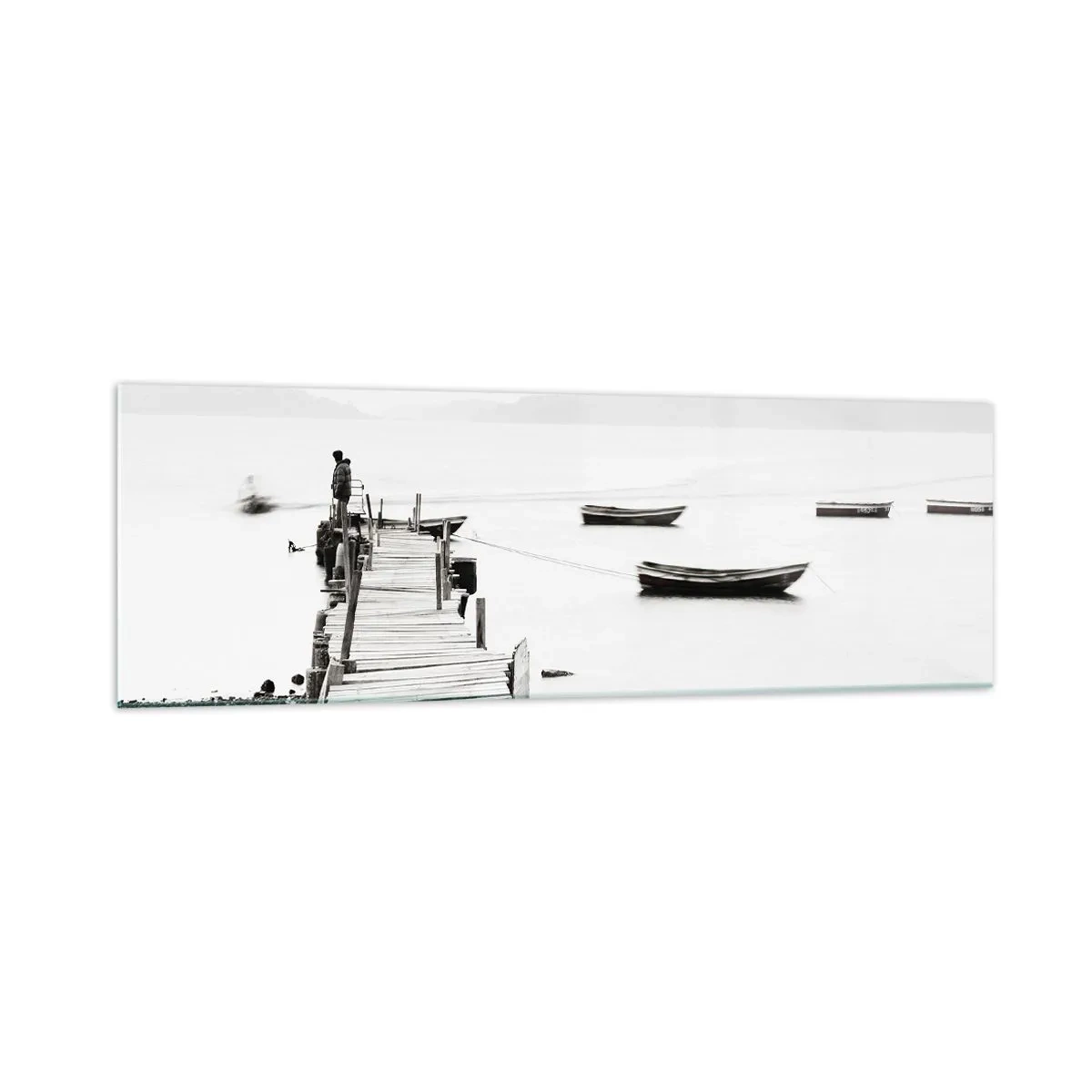 Glasbild - Bild auf glas - Holzsteg und Boote auf ruhigem Wasser - 160x50cm - Ruhig und sauber über dem Wasser - Moderne Wanddekoration für Wohnzimmer und Schlafzimmer ARTTOR