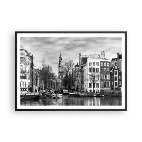 Poster in einem schwarzem Rahmen - Schwarz-Weiß-Panorama von Amsterdam mit Kanal und historischen Gebäuden - 100x70cm - Amsterdamer Atmosphäre - Moderne Wanddekoration für Wohnzimmer und Schlafzimmer ARTTOR