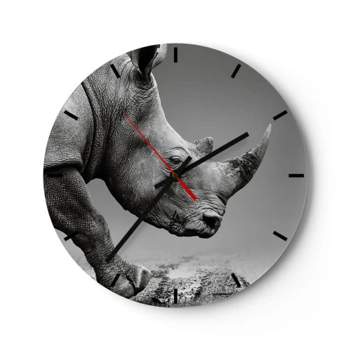 Wanduhr - Glasuhr - Ein Nashorn im Schwarz-Weiß-Stil auf neutralem Hintergrund - 30x30cm - Unaufhaltsame Stärke - Moderne Wanddekoration für Wohnzimmer, Küche und Schlafzimmer ARTTOR