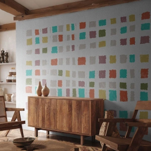 Selbstklebende Fototapete Deluxe Sticker - Unbekanntes Spiel - Pastell, Quadrate, Minimalismus - 150x105 cm