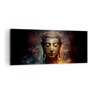 Bild auf Leinwand - Leinwandbild - Goldener Buddha auf dunklem Hintergrund mit Ornamenten - 120x50cm - Spirituelles Gleichgewicht - Moderne Wanddekoration für Wohnzimmer und Schlafzimmer ARTTOR