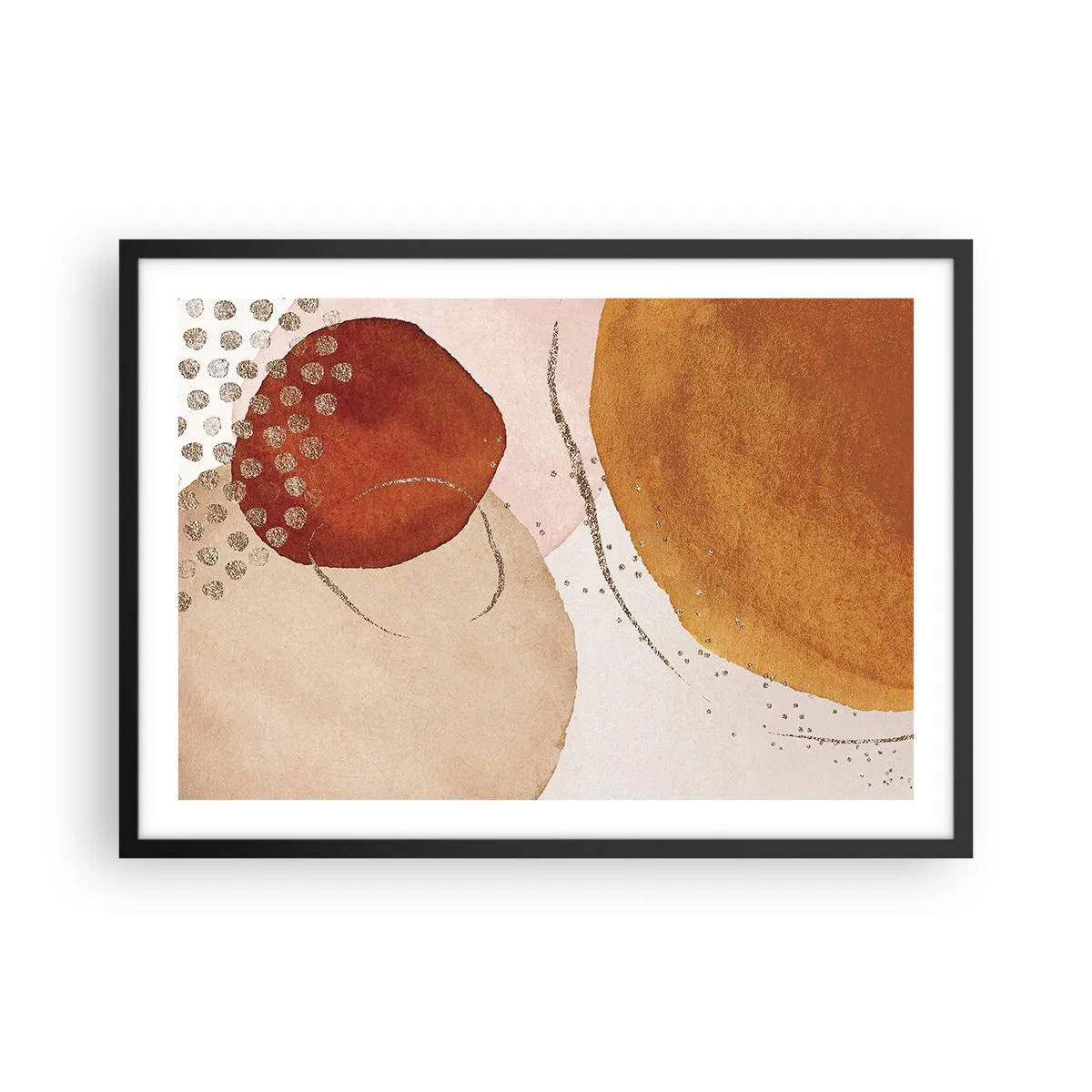 Poster in einem schwarzem Rahmen - Abstrakte Formen in warmen Braun- und Goldtönen - 70x50cm - Rundheit und Bewegung - Moderne Wanddekoration für Wohnzimmer und Schlafzimmer ARTTOR