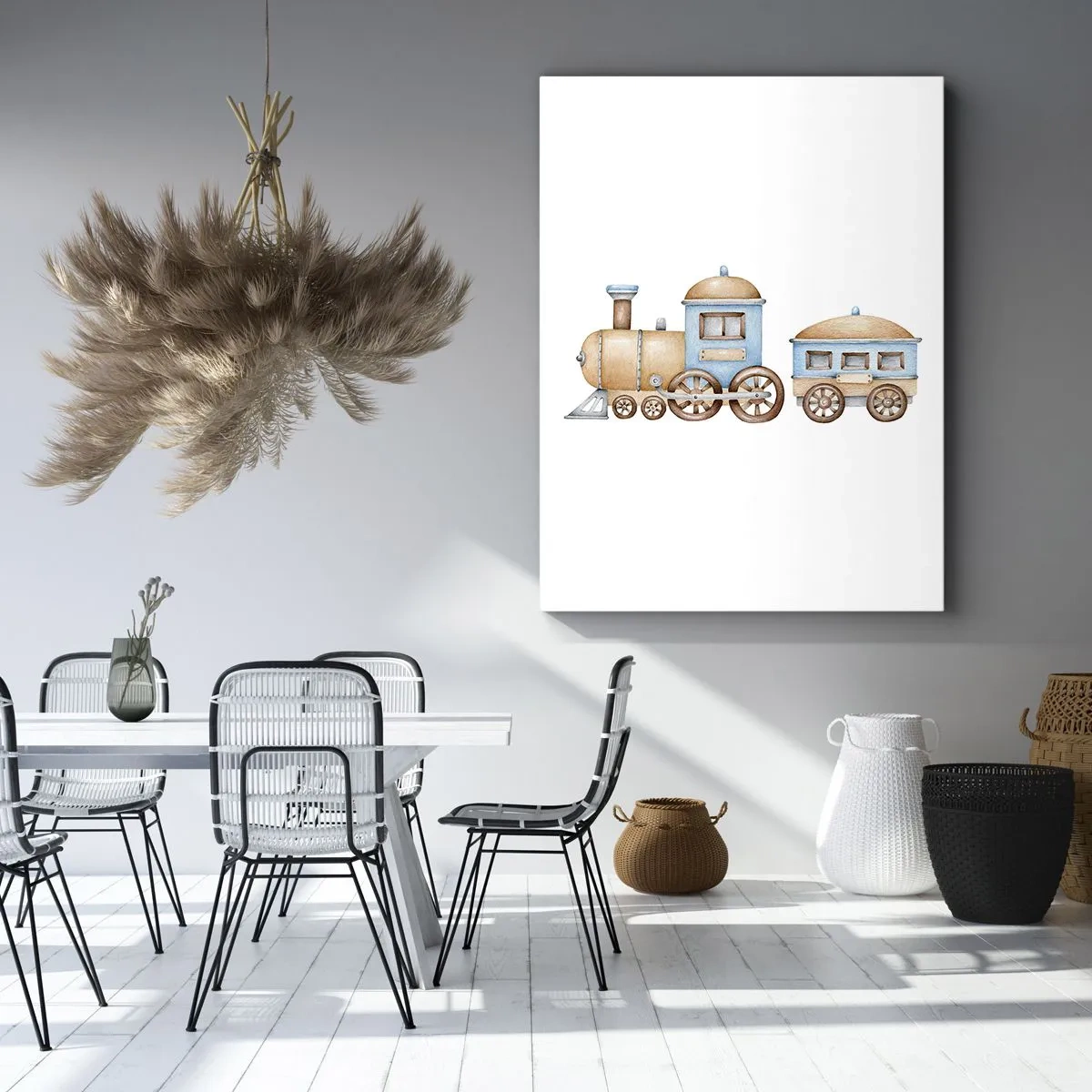 Bild auf Leinwand - Leinwandbild - Zeichnung eines Zuges in Pastelltönen auf weißem Hintergrund - 50x70cm - Am Bahnhof steht ... - Moderne Wanddekoration für Wohnzimmer und Schlafzimmer ARTTOR