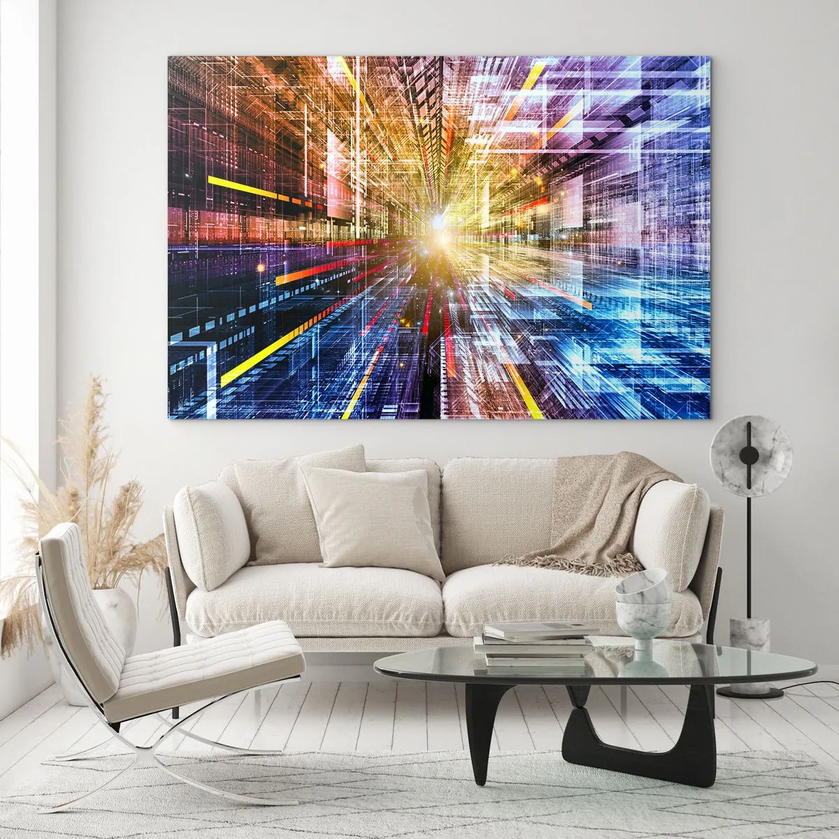 Glasbild - Bild auf glas - Abstrakte Vision mit farbigen Linien und Licht - 70x50cm - Leuchtender Korridor - Moderne Wanddekoration für Wohnzimmer und Schlafzimmer ARTTOR