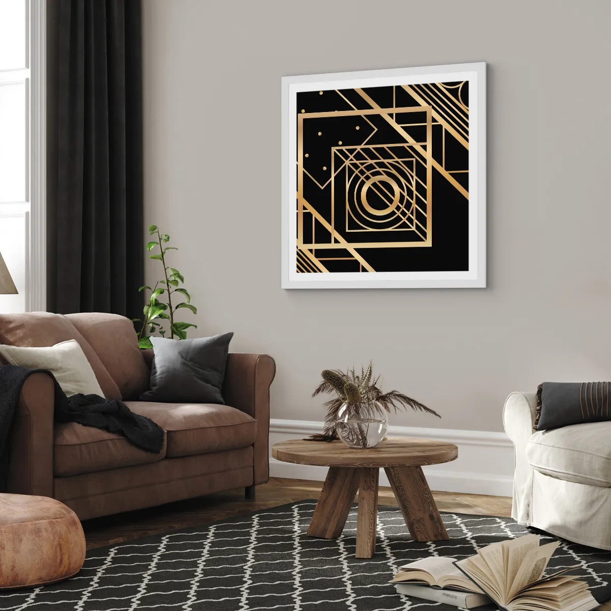Poster in einem weißen Rahmen - Goldene Geometrie - 60x60 cm