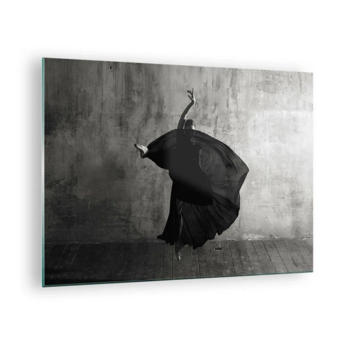Glasbild - Bild auf glas - Schwarz-weiße Silhouette einer Tänzerin in dynamischer Pose - 70x50cm - Leidenschaftlicher Gürtel - Moderne Wanddekoration für Wohnzimmer und Schlafzimmer ARTTOR