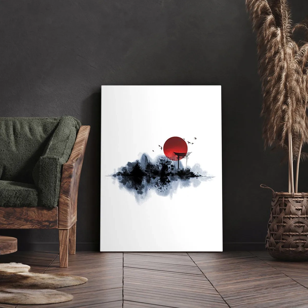 Bild auf Leinwand - Leinwandbild - Rote Sonne über einer malerischen Landschaft mit Torii - 50x70cm - Japanische Sicht - Moderne Wanddekoration für Wohnzimmer und Schlafzimmer ARTTOR