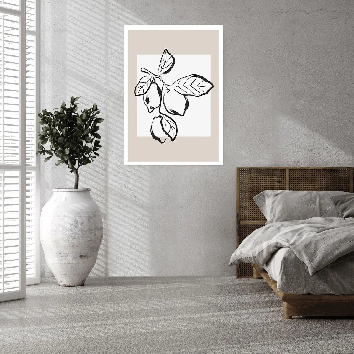 Poster - Eine minimalistische Illustration eines Zitronenzweigs im Schwarz-Weiß-Stil. - 50x70cm - Dort, wo Zitronen reifen… - Moderne Wanddekoration für Wohnzimmer und Schlafzimmer ARTTOR