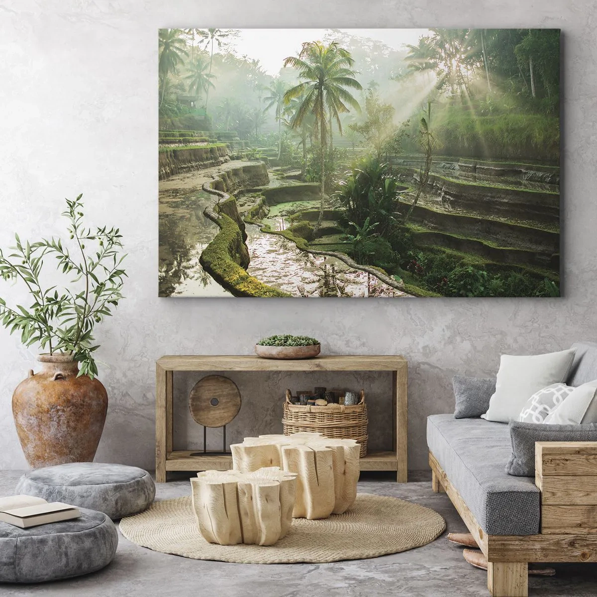 Bild auf Leinwand - Leinwandbild - Reisterrassen mit Palmen in den Sonnenstrahlen - 70x50cm - In der Sonne aufwachsen - Moderne Wanddekoration für Wohnzimmer und Schlafzimmer ARTTOR