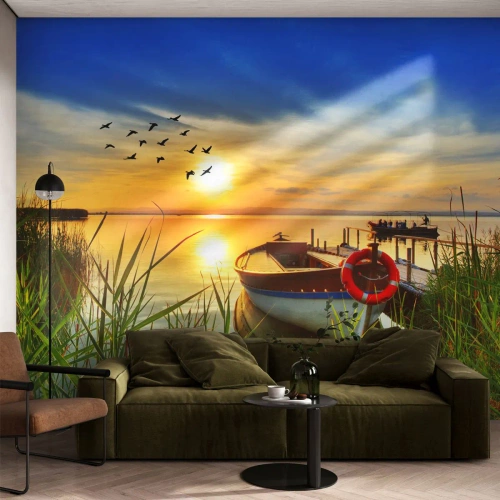 Fototapete Standard Eco - Die Kormorane fliegen schon weg - Landschaft, See, Sonnenuntergang - 400x280 cm