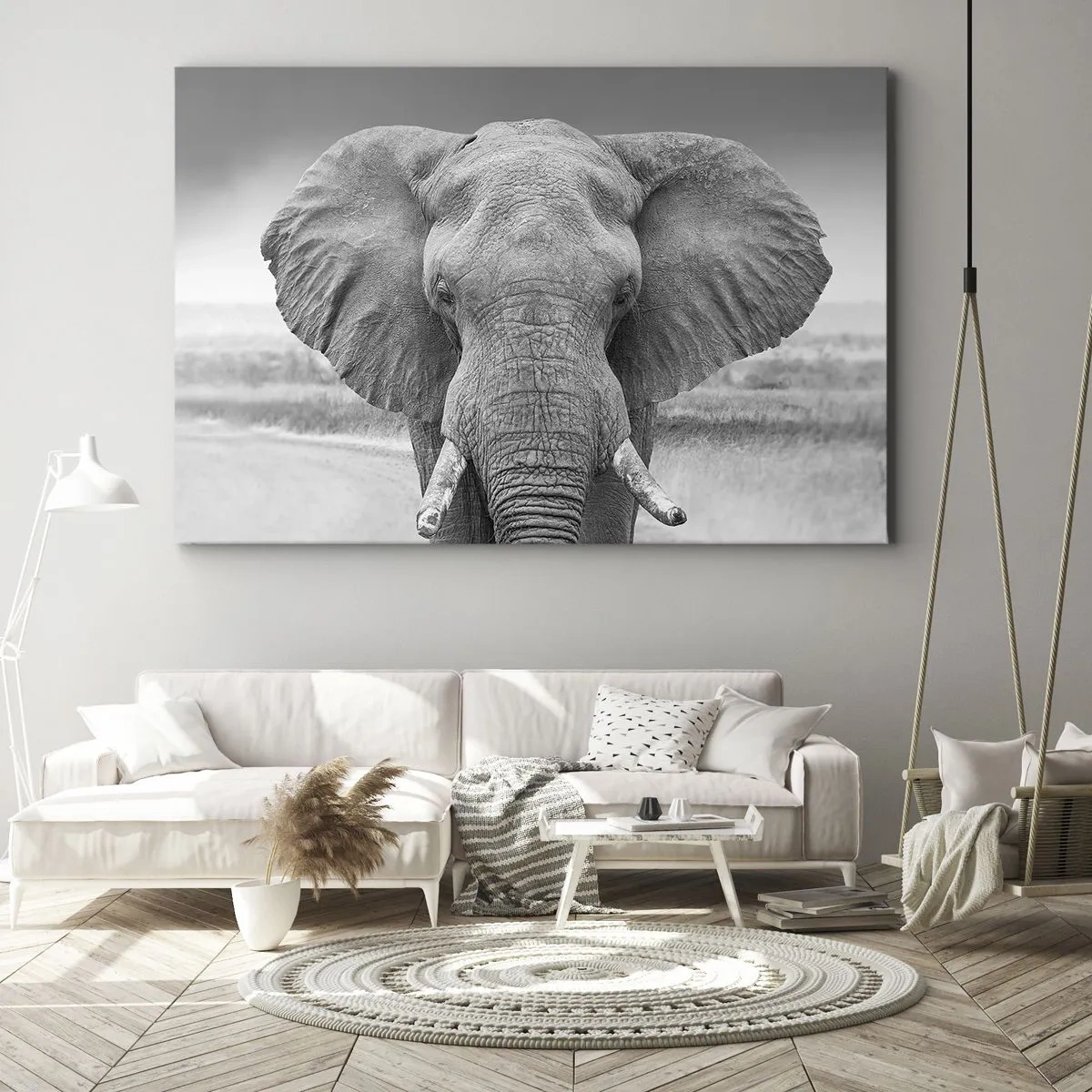 Bild auf Leinwand - Leinwandbild - Porträt eines Elefanten in Schwarz und Weiß - 70x50cm - Willkommen in meiner Welt - Moderne Wanddekoration für Wohnzimmer und Schlafzimmer ARTTOR