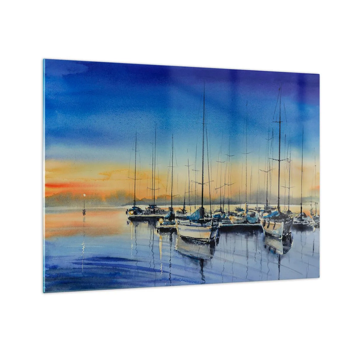 Glasbild - Bild auf glas - Segelboote im Hafen bei Sonnenuntergang - 70x50cm - Ende eines guten Tages - Moderne Wanddekoration für Wohnzimmer und Schlafzimmer ARTTOR