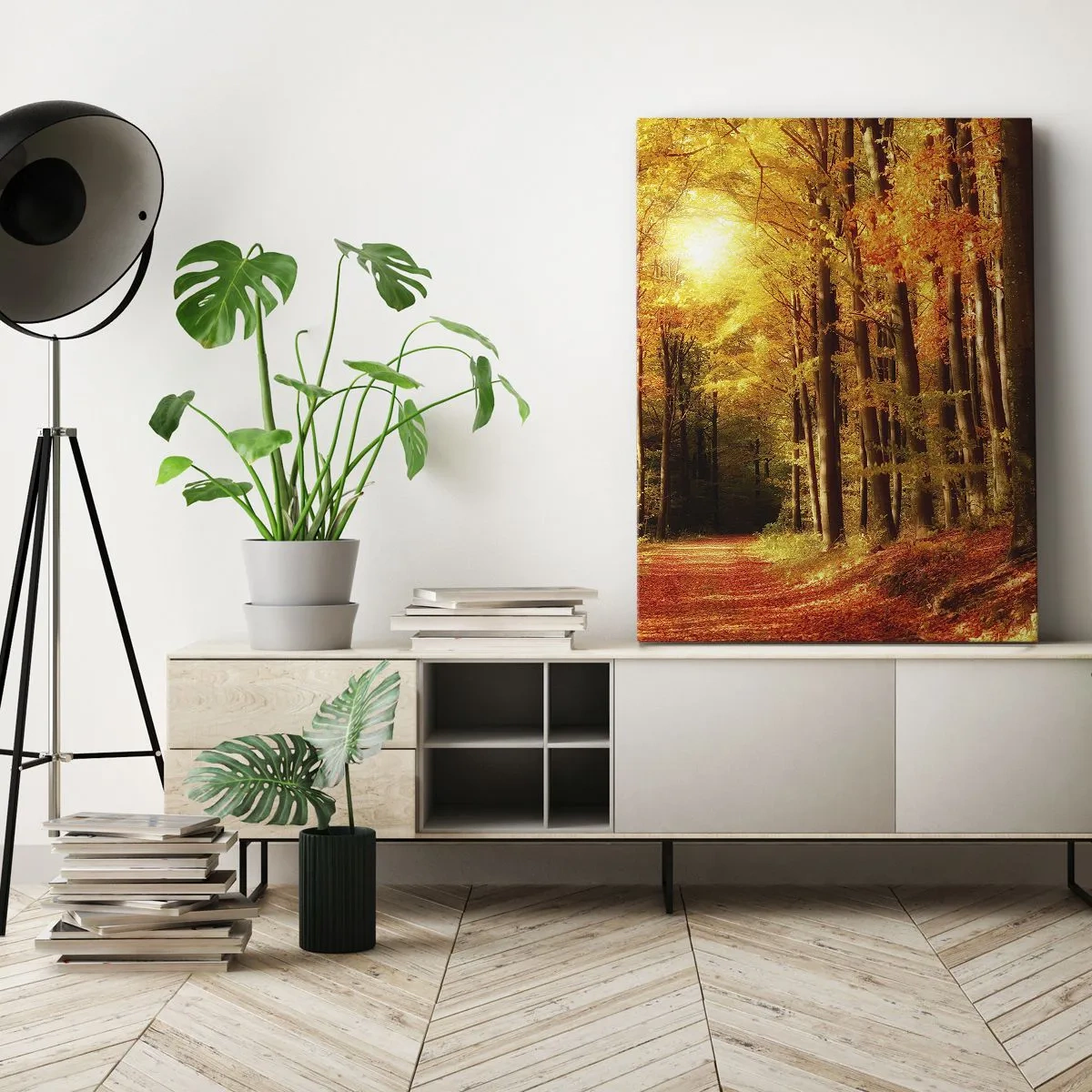 Bild auf Leinwand - Leinwandbild - Herbstwald mit Sonnenstrahlen, die durch die Bäume scheinen - 50x70cm - Goldener Herbst auf einer Forststraße - Moderne Wanddekoration für Wohnzimmer und Schlafzimmer ARTTOR