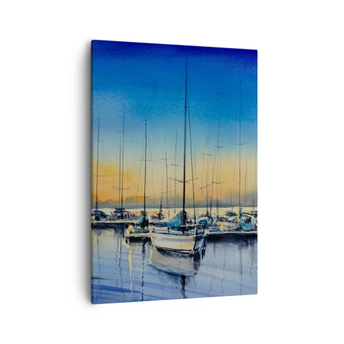 Bild auf Leinwand - Leinwandbild - Yachthafen bei Sonnenuntergang mit Spiegelungen auf dem Wasser - 50x70cm - Ende eines guten Tages - Moderne Wanddekoration für Wohnzimmer und Schlafzimmer ARTTOR