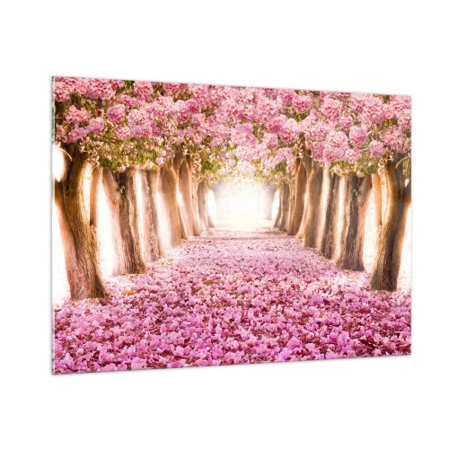 Glasbild - Bild auf glas - Eine Allee blühender Bäume mit rosa Blütenblättern auf dem Boden - 100x70cm - Der Weg ins Paradies - Moderne Wanddekoration für Wohnzimmer und Schlafzimmer ARTTOR