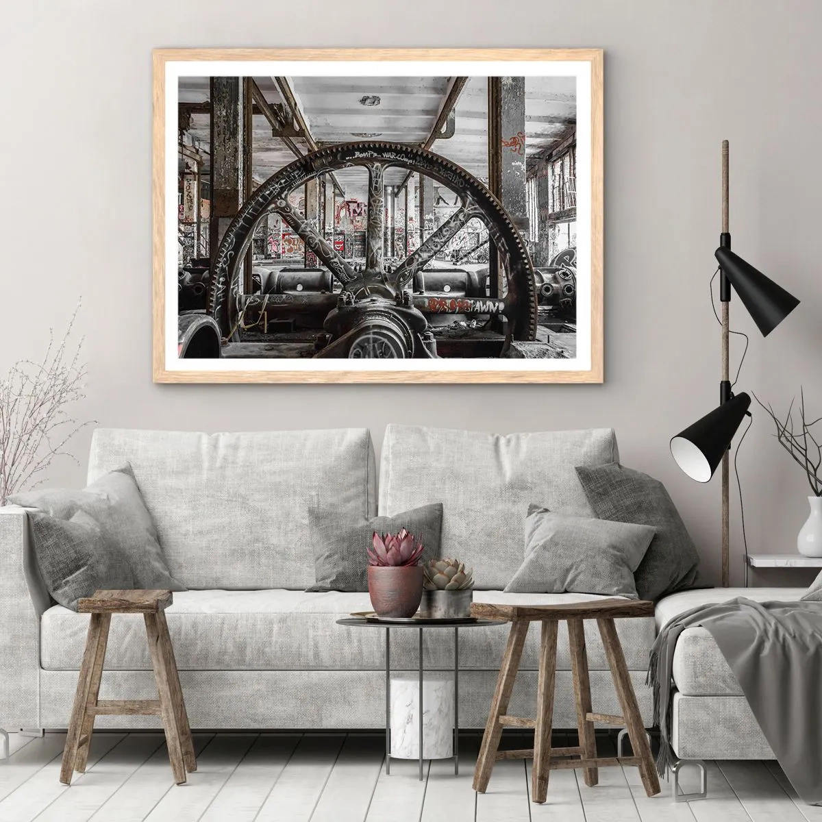 Poster in einem Rahmen aus heller Eiche - Das geheime Leben der Fabrik - 100x70 cm