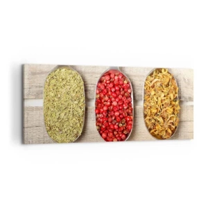 Bild auf Leinwand - Leinwandbild - Drei Metalllöffel mit Gewürzen auf einem hölzernen Hintergrund - 120x50cm - Küchenzauber - Moderne Wanddekoration für Wohnzimmer und Schlafzimmer ARTTOR