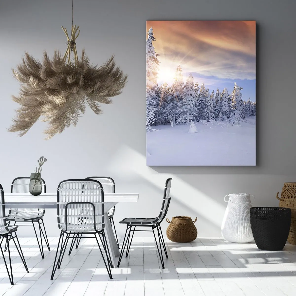 Bild auf Leinwand - Leinwandbild - Winterlandschaft mit schneebedecktem Wald bei Sonnenuntergang - 80x120cm - Ein verschneites Naturschauspiel - Moderne Wanddekoration für Wohnzimmer und Schlafzimmer ARTTOR