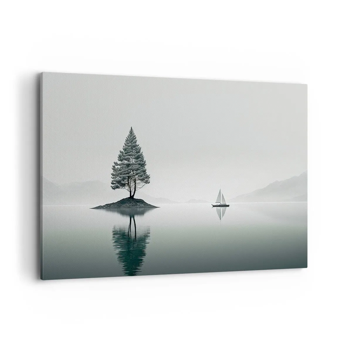 Bild auf Leinwand - Leinwandbild - Eine minimalistische Landschaft mit einem Baum auf einer Insel und einem Segelboot. - 100x70cm - Traum - Moderne Wanddekoration für Wohnzimmer und Schlafzimmer ARTTOR