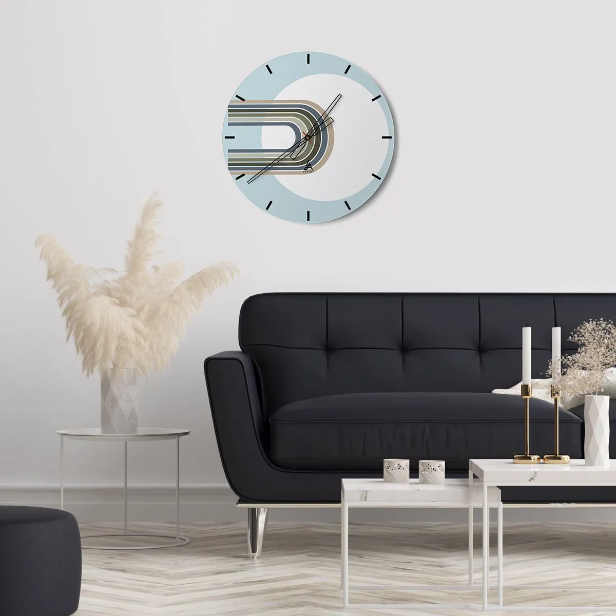 Wanduhr - Glasuhr - Grafische Linien in Form eines Magneten auf blauem Hintergrund - 30x30cm - Unwiderstehliche Anziehungskraft - Moderne Wanddekoration für Wohnzimmer, Küche und Schlafzimmer ARTTOR