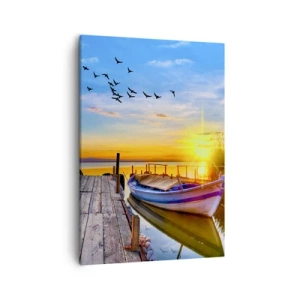 Bild auf Leinwand - Leinwandbild - Ein Boot an einem Holzsteg bei Sonnenuntergang - 50x70cm - Bis morgen - Moderne Wanddekoration für Wohnzimmer und Schlafzimmer ARTTOR