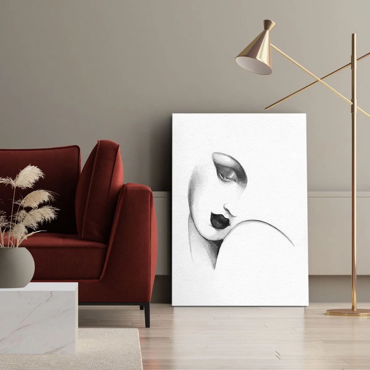 Bild auf Leinwand - Leinwandbild - Ein subtiles Frauenporträt im monochromen Stil - 50x70cm - Im Stil von Łempicka - Moderne Wanddekoration für Wohnzimmer und Schlafzimmer ARTTOR