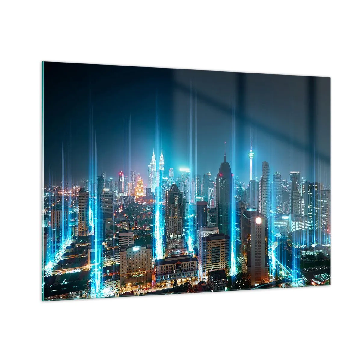 Glasbild - Bild auf glas - Eine nächtliche Stadt mit hohen Gebäuden und Lichtstreifen - 100x70cm - Auf Berliner Art gegen den Himmel - Moderne Wanddekoration für Wohnzimmer und Schlafzimmer ARTTOR