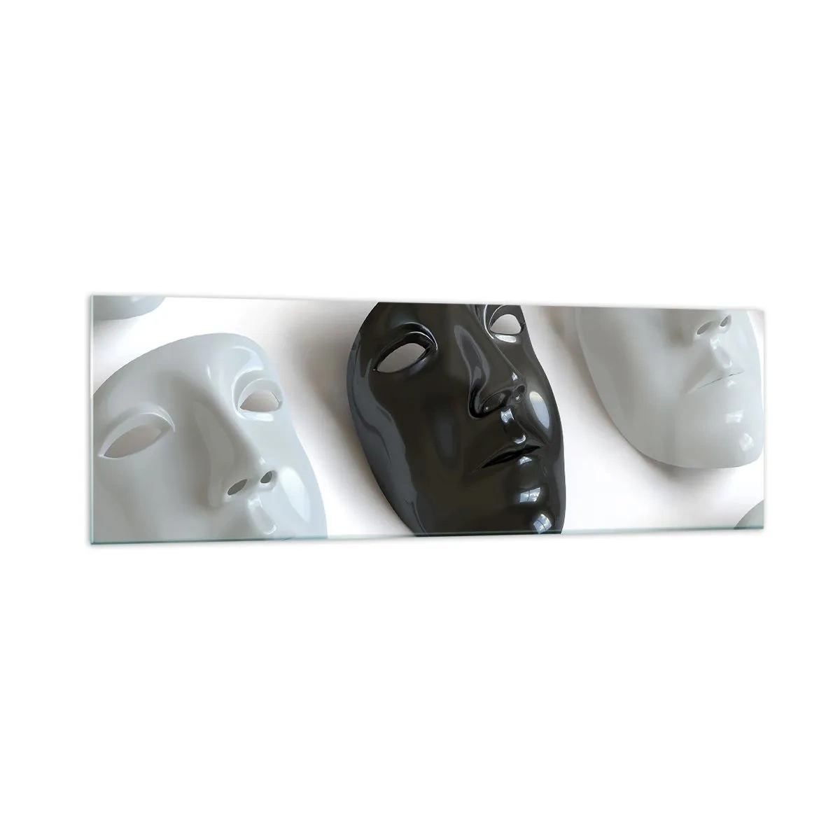 Glasbild - Bild auf glas - Schwarz-weiße Masken auf hellem Hintergrund - 160x50cm - Wie hebt man sich ab? - Moderne Wanddekoration für Wohnzimmer und Schlafzimmer ARTTOR