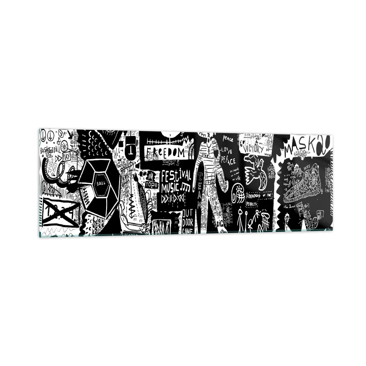 Glasbild - Bild auf glas - Von der Straßenkunst inspirierte Schwarz-Weiß-Collage - 160x50cm - Spirituelle Jugend des Gesetzes und der Freude - Moderne Wanddekoration für Wohnzimmer und Schlafzimmer ARTTOR