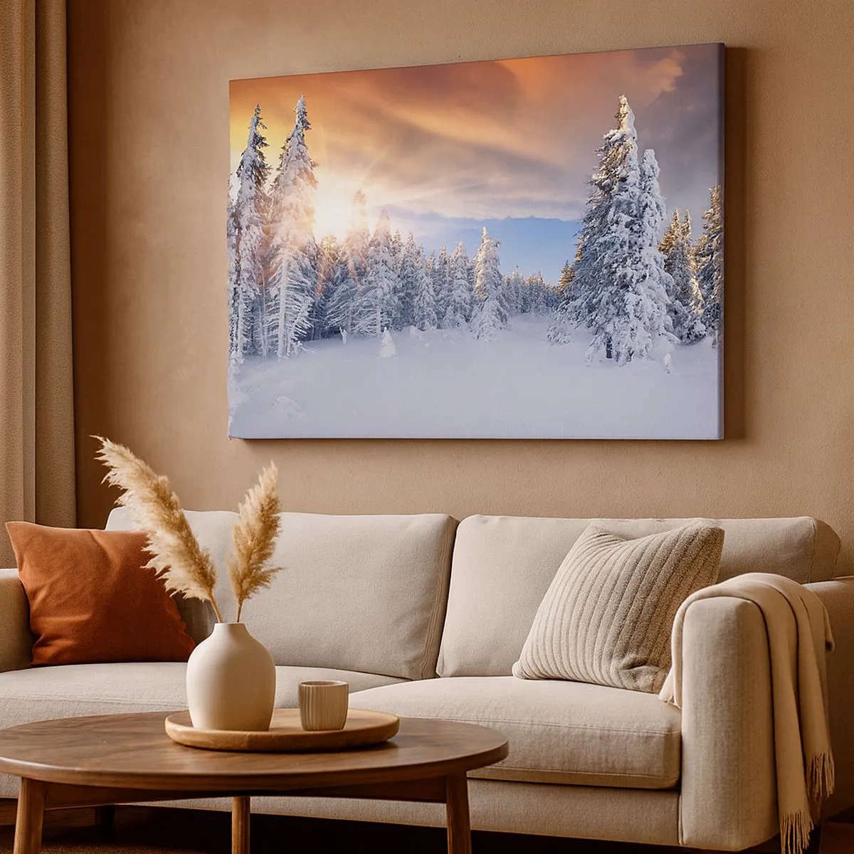 Bild auf Leinwand - Leinwandbild - Winterlandschaft mit schneebedecktem Wald bei Sonnenuntergang - 70x50cm - Ein verschneites Naturschauspiel - Moderne Wanddekoration für Wohnzimmer und Schlafzimmer ARTTOR