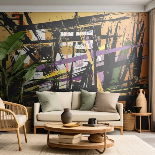 Fototapete Premium Canvas - Abstrakte Linien und Formen auf beigem Hintergrund - 100x70cm - Ein scharfer Schnitt - Moderne Wanddekoration für Wohnzimmer und Schlafzimmer ARTTOR