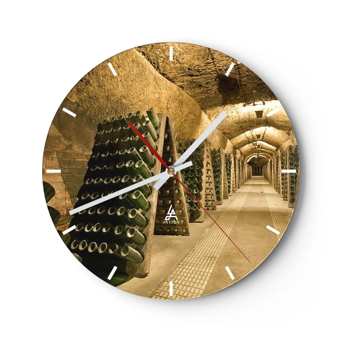 Wanduhr - Glasuhr - Ein Weinkeller und Flaschenreihen auf Regalen - 30x30cm - Die Geburt des Geschmacks - Moderne Wanddekoration für Wohnzimmer, Küche und Schlafzimmer ARTTOR