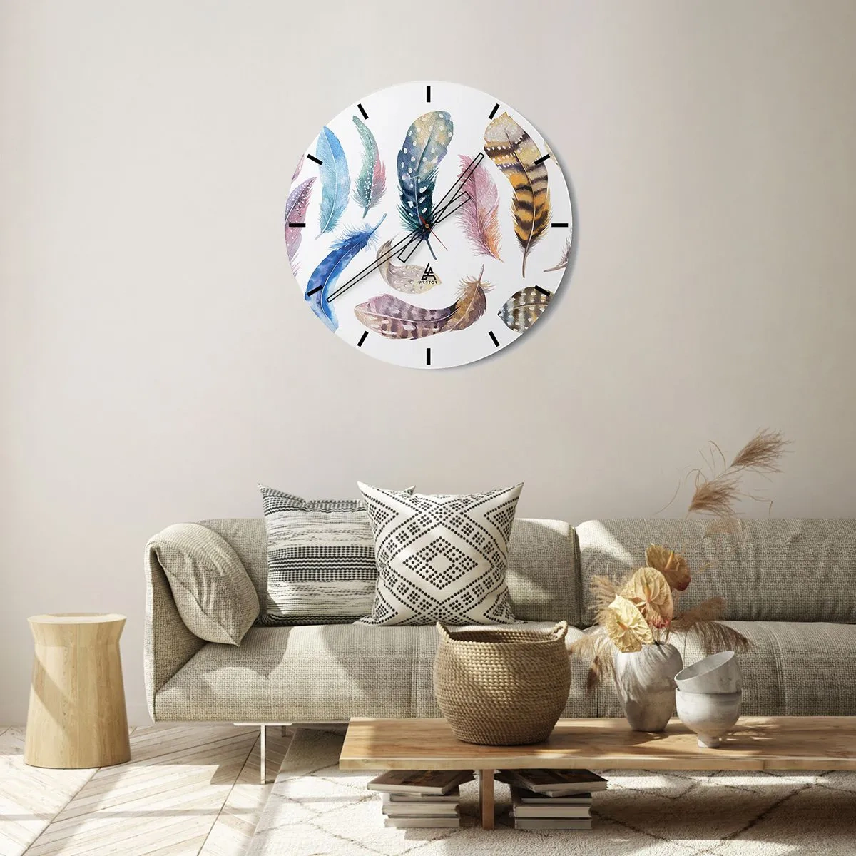 Wanduhr - Glasuhr - Bunte Federn im Aquarellstil - 30x30cm - Hell, bunt und bunt - Moderne Wanddekoration für Wohnzimmer, Küche und Schlafzimmer ARTTOR