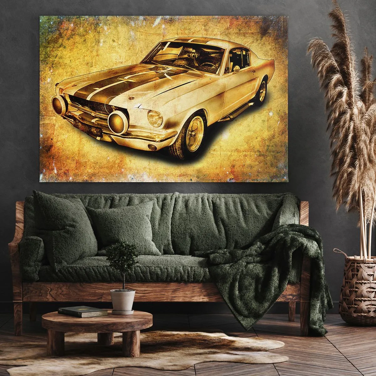 Bild auf Leinwand - Leinwandbild - Klassischer Retro-Sportwagen auf Vintage-Hintergrund in Goldtönen - 70x50cm - Die verrückten 70er Jahre - Moderne Wanddekoration für Wohnzimmer und Schlafzimmer ARTTOR