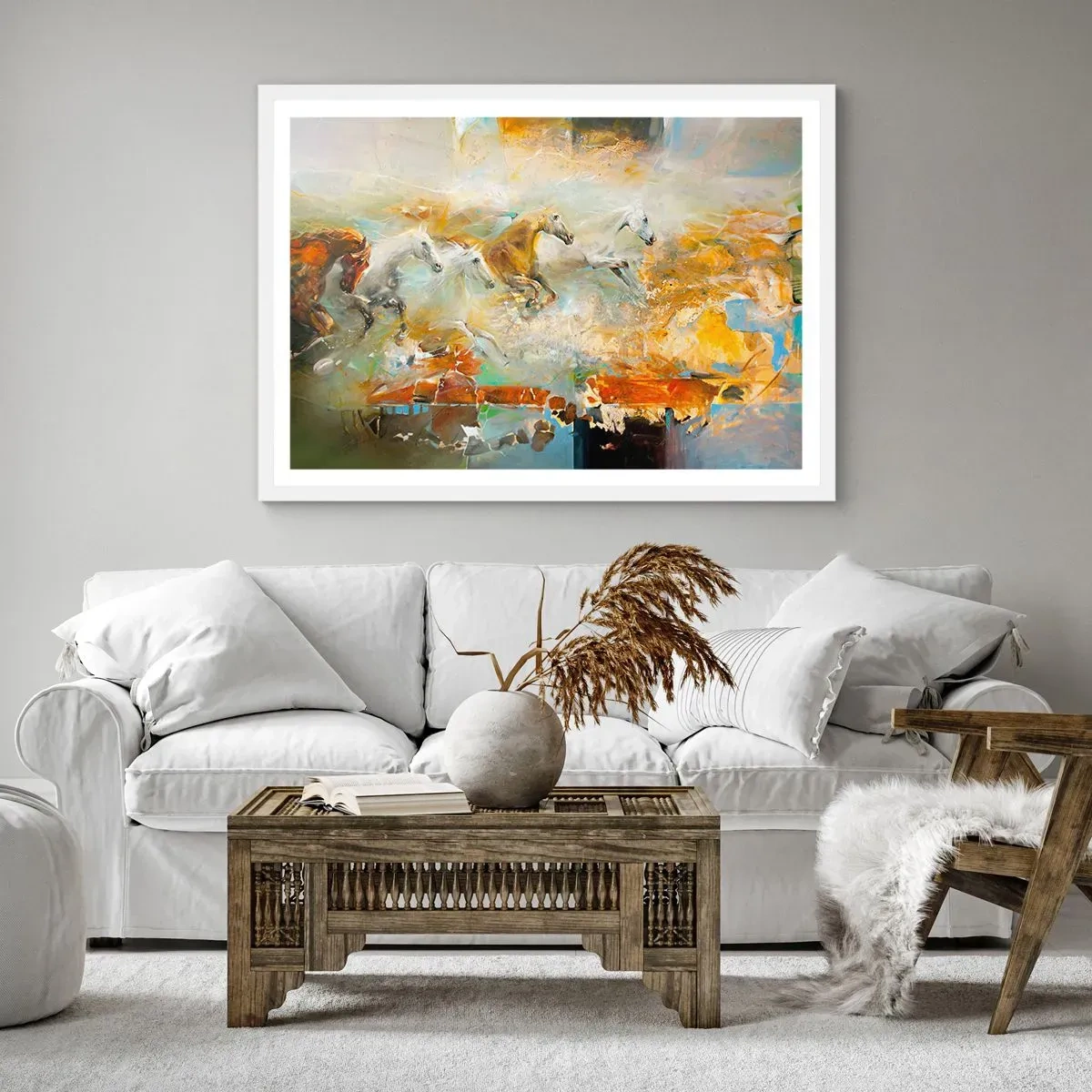 Poster in einem weißen Rahmen - Im Galopp durch das Licht - 70x50 cm