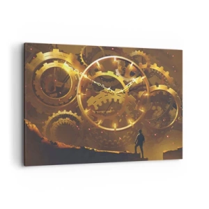 Bild auf Leinwand - Leinwandbild - Goldene Zahnräder in einer surrealen Umgebung mit einer Figur - 100x70cm - An der Quelle der Zeit - Moderne Wanddekoration für Wohnzimmer und Schlafzimmer ARTTOR