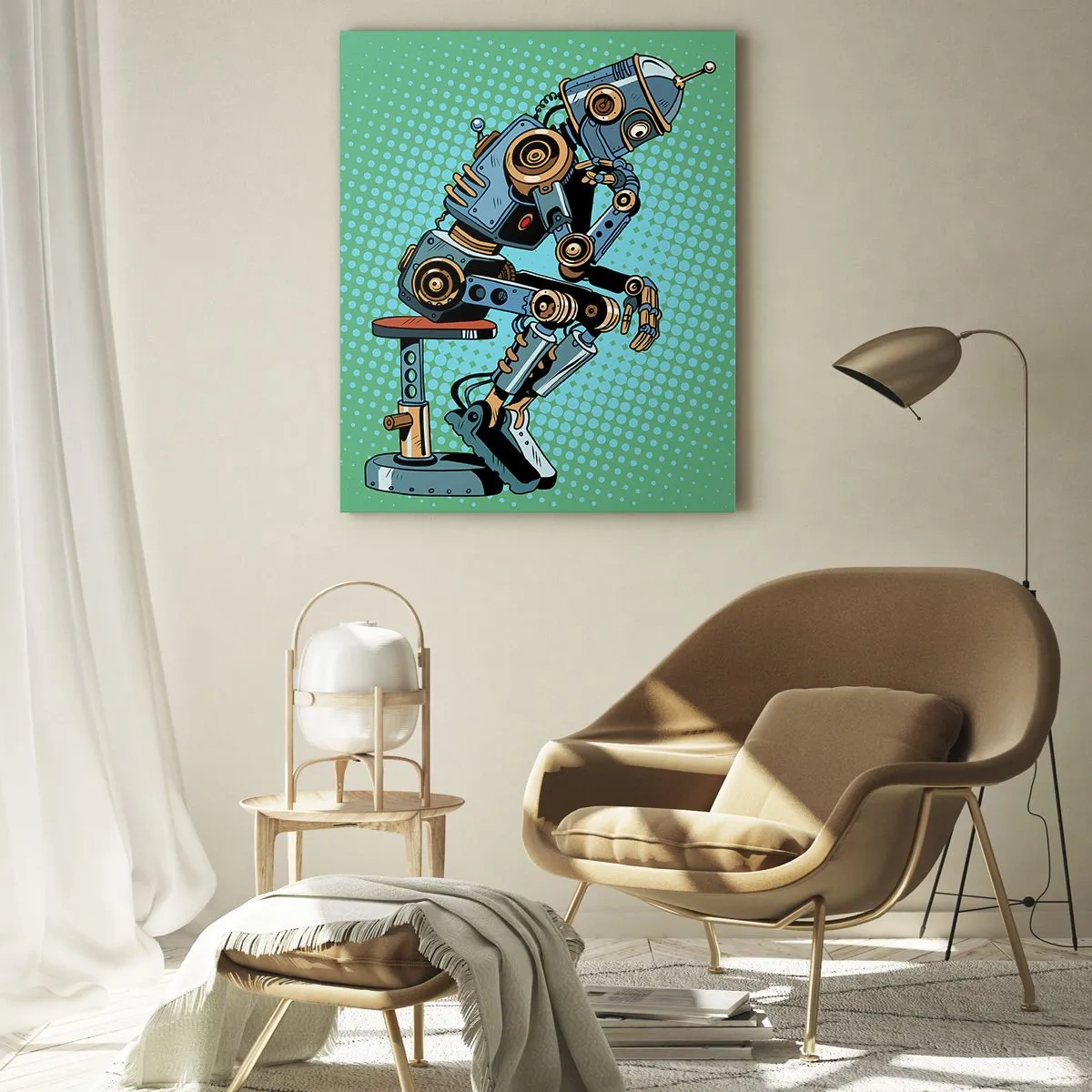 Glasbild - Bild auf glas - Ein Roboterdenker vor einem grünen Pop-Art-Musterhintergrund. - 50x70cm - Über der Essenz des Seins - Moderne Wanddekoration für Wohnzimmer und Schlafzimmer ARTTOR