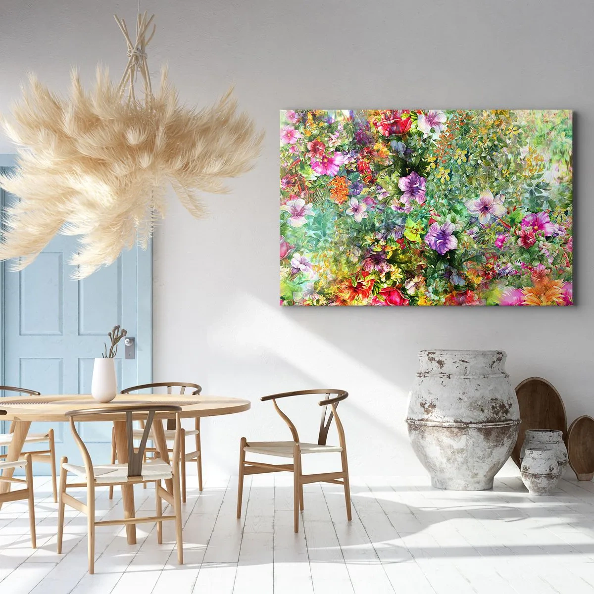 Bild auf Leinwand - Leinwandbild - Ein buntes Blumenarrangement auf grünem Hintergrund - 70x50cm - In Blumen für das Verderben - Moderne Wanddekoration für Wohnzimmer und Schlafzimmer ARTTOR