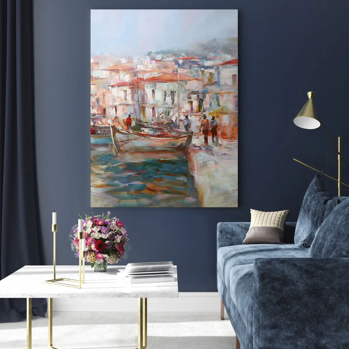 Glasbild - Bild auf glas - Ein malerischer Hafen mit Booten in Pastellfarben - 50x70cm - Pastell-Sommerferien - Moderne Wanddekoration für Wohnzimmer und Schlafzimmer ARTTOR