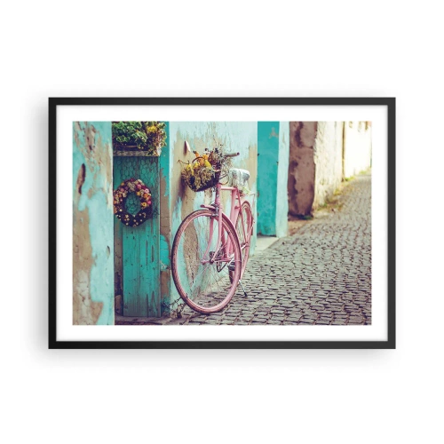 Poster in einem schwarzem Rahmen - Ein rosa Fahrrad neben einer türkisfarbenen Tür - 70x50cm - Ich komme gleich wieder - Moderne Wanddekoration für Wohnzimmer und Schlafzimmer ARTTOR