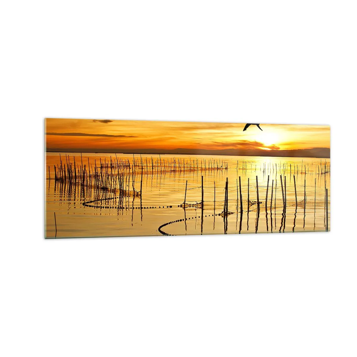 Glasbild - Bild auf glas - Sonnenuntergang über dem Wasser mit Vögeln im Flug - 140x50cm - In der Fischerei - Moderne Wanddekoration für Wohnzimmer und Schlafzimmer ARTTOR