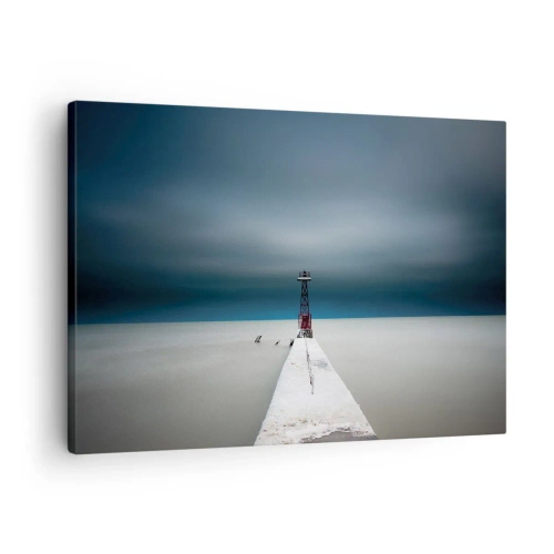 Bild auf Leinwand - Leinwandbild - Ein Leuchtturm am Ende eines Betonpfeilers in einer kargen Landschaft - 70x50cm - Um der Weite zu begegnen - Moderne Wanddekoration für Wohnzimmer und Schlafzimmer ARTTOR