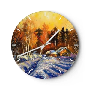 Wanduhr - Glasuhr - Ein malerisches Häuschen in einem Winterwald, beleuchtet von einem warmen Sonnenuntergang - 30x30cm - Wintereindruck in der Sonne - Moderne Wanddekoration für Wohnzimmer, Küche und Schlafzimmer ARTTOR
