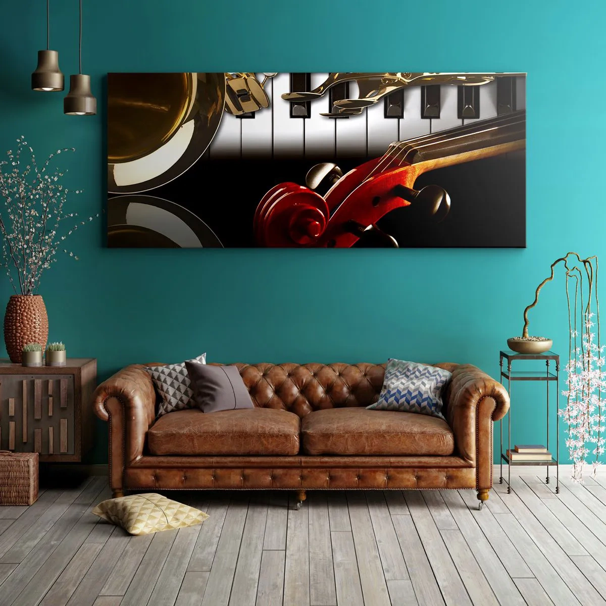 Bild auf Leinwand - Leinwandbild - Ein goldenes Saxophon, Klaviertasten und eine rote Geige - 140x50cm - Blech, Holz und Elfenbein - Moderne Wanddekoration für Wohnzimmer und Schlafzimmer ARTTOR