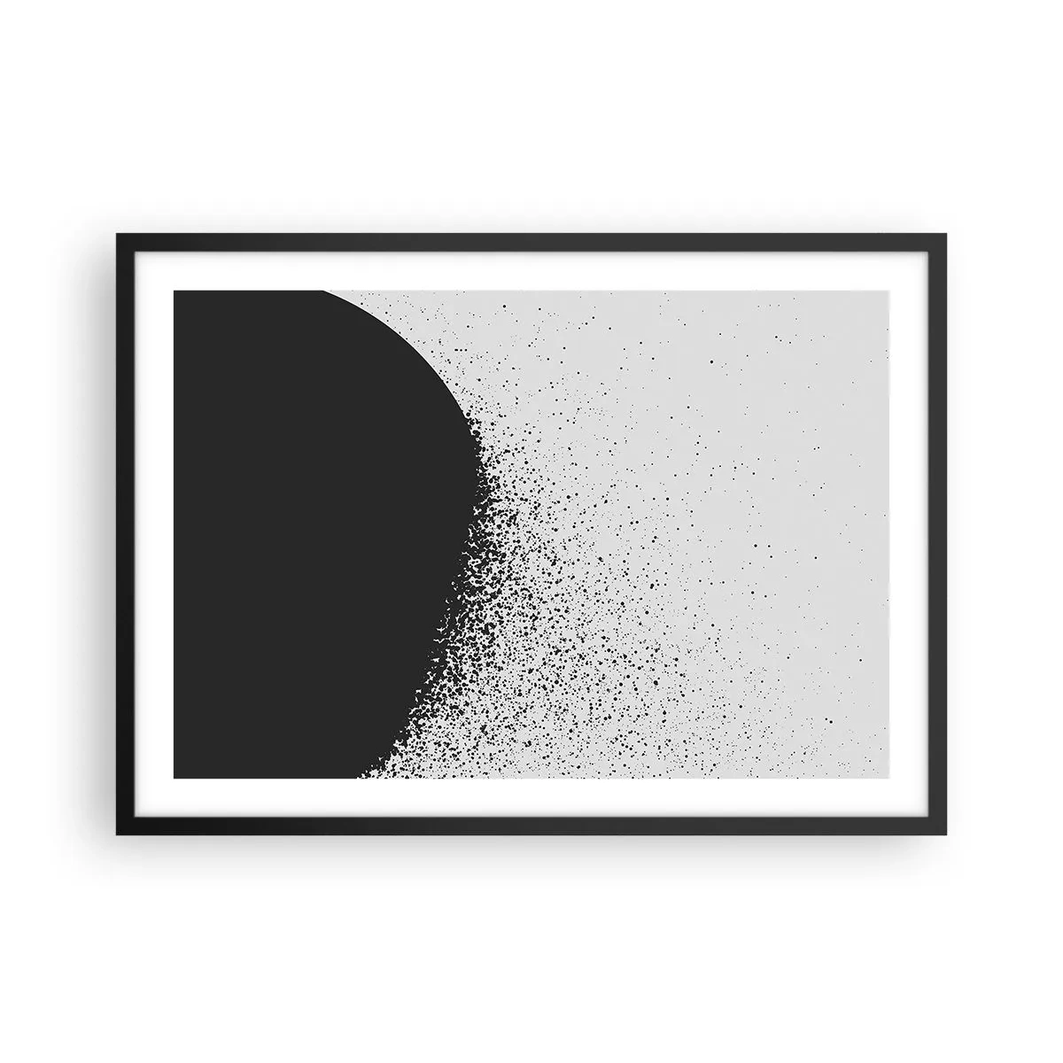 Poster in einem schwarzem Rahmen - Abstraktes Muster mit schwarzen Partikeln auf hellem Hintergrund - 70x50cm - Bewegung von Molekülen - Moderne Wanddekoration für Wohnzimmer und Schlafzimmer ARTTOR