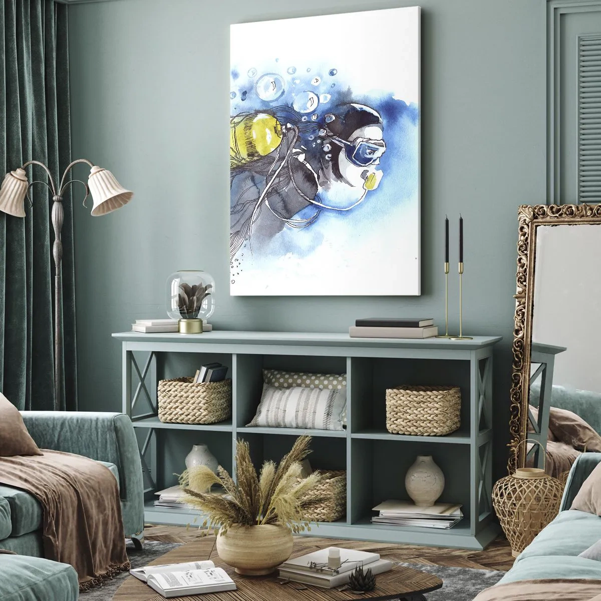 Bild auf Leinwand - Leinwandbild - Unterwasserszene mit einem Taucher und exotischen Fischen - 50x70cm - Tolles Blau - Moderne Wanddekoration für Wohnzimmer und Schlafzimmer ARTTOR