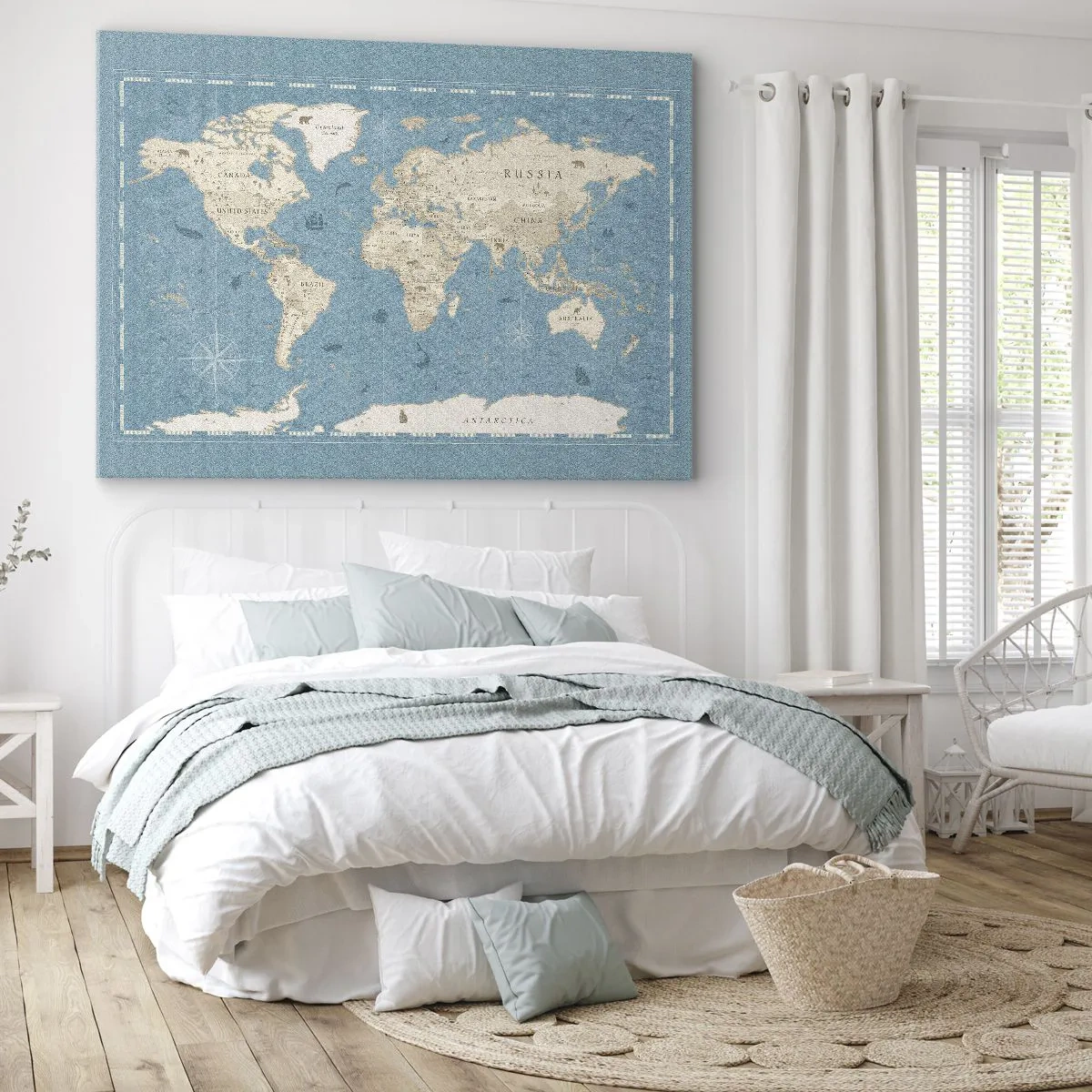 Bild auf Leinwand - Leinwandbild - Dekorative Weltkarte in Blau- und Beigetönen - 70x50cm - Die Welt liegt zum Greifen nah - Moderne Wanddekoration für Wohnzimmer und Schlafzimmer ARTTOR
